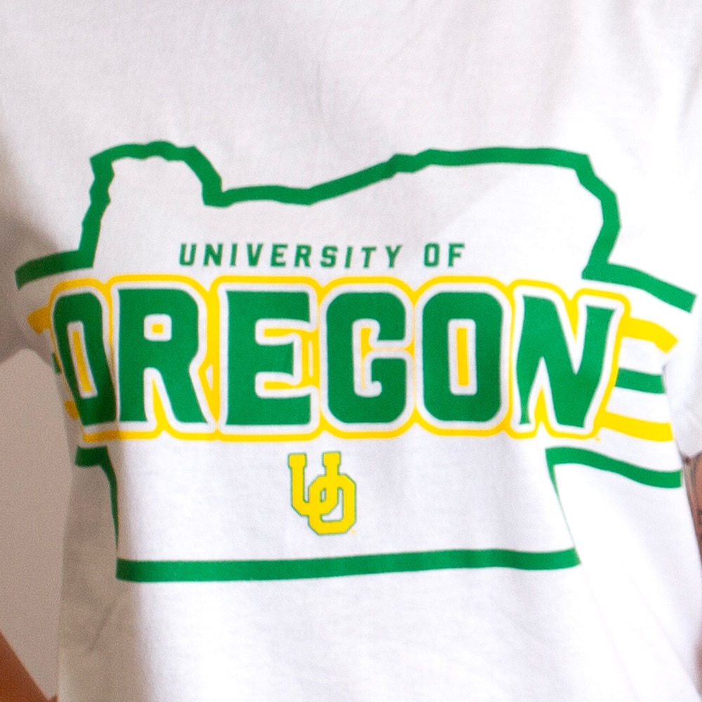 Interlocking UO, McKenzie SewOn, White, Crew Neck, Cotton, Men, Unisex, University of Oregon, T-Shirt, 838068